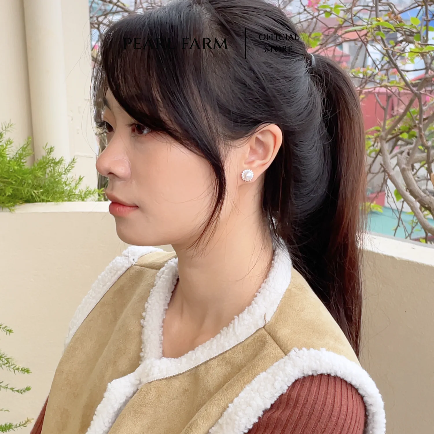 Bông Tai Ngọc Trai Dáng Bông Tuyết Chất Liệu Titan Xi Kim - Ảnh 5