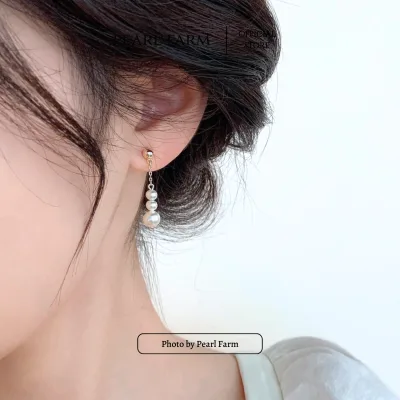 Bông Tai Ngọc Trai Dài Dáng Thả Treo 3 Viên Nụ Bi Vàng