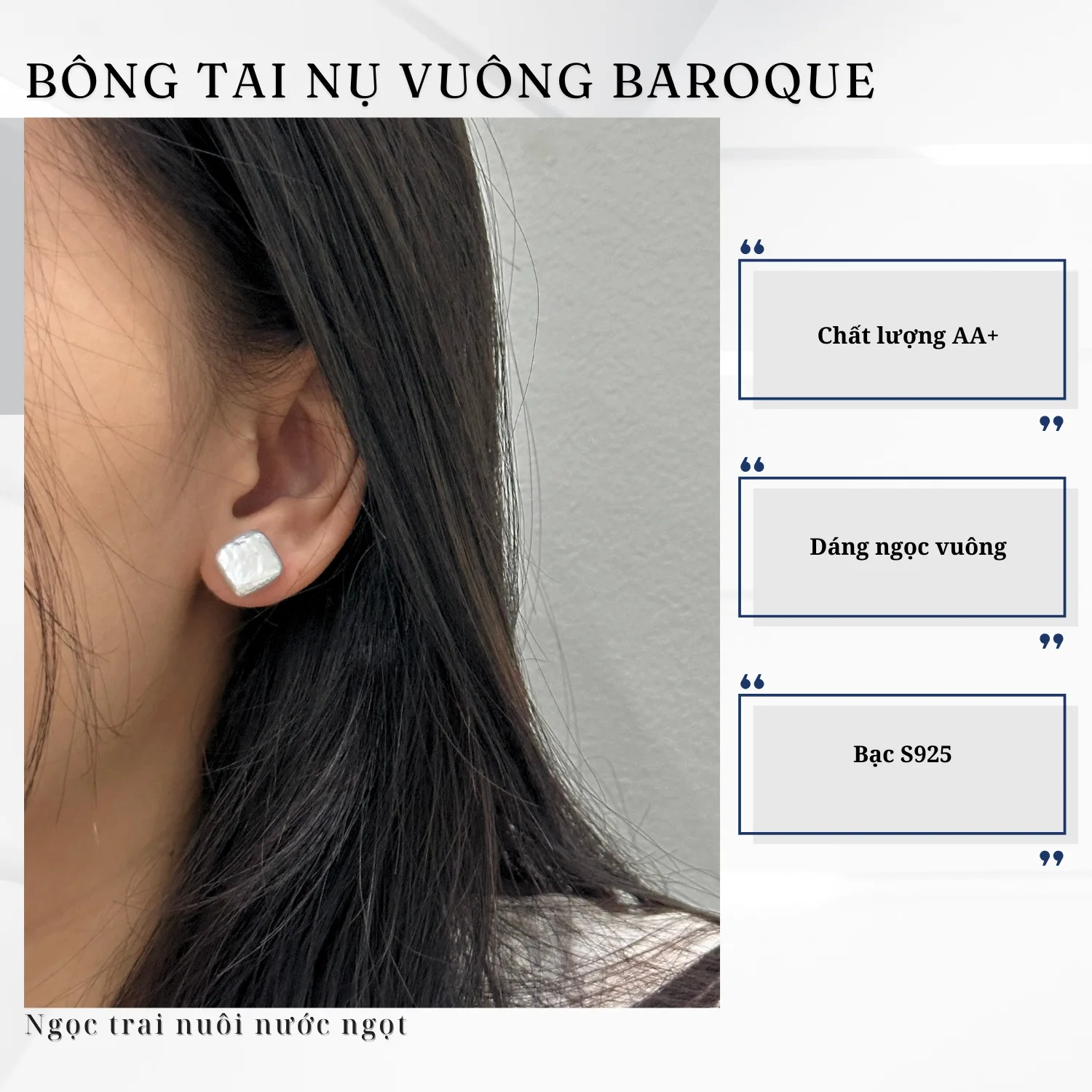 Bông Tai Nụ Ngọc Trai Hình Vuông Baroque - Ảnh 4