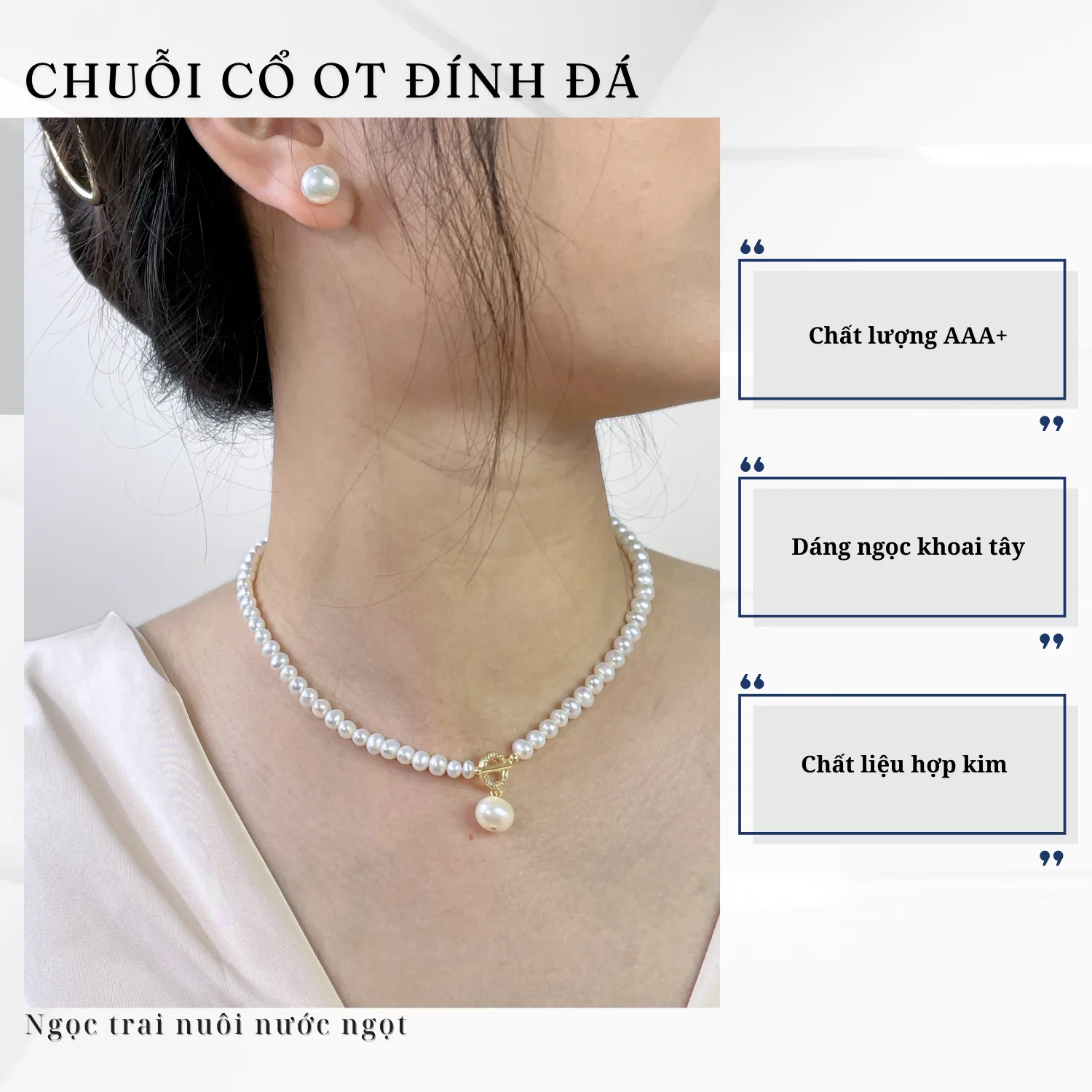 Chuỗi Vòng Cổ Ngọc Trai Khóa O-T Đính Đá - Ảnh 9