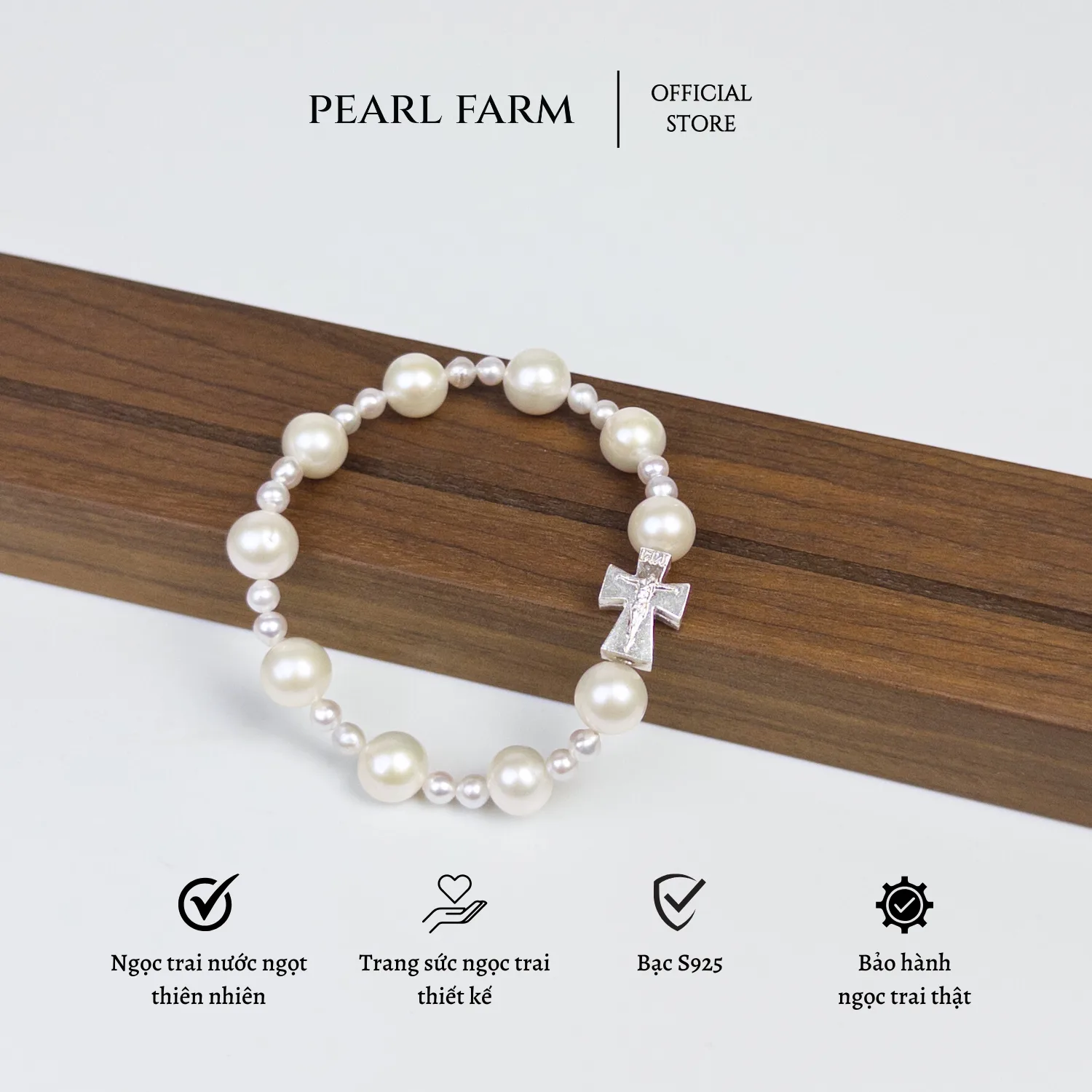 Lắc Tay Ngọc Trai Mân Côi Chữ Thập Thánh Giá Công Giáo Bạc S925 Co Giãn