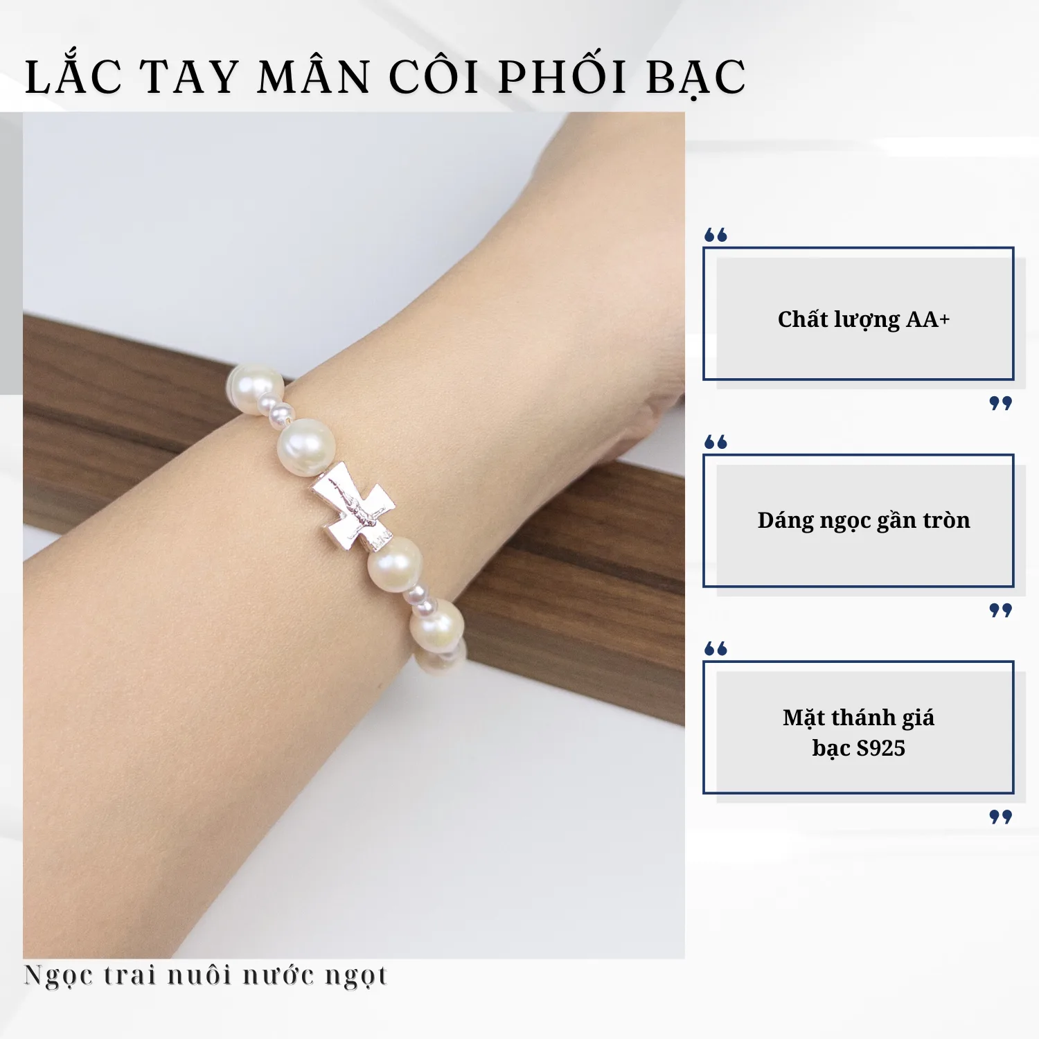 Lắc Tay Ngọc Trai Mân Côi Chữ Thập Thánh Giá Công Giáo Bạc S925 Co Giãn - Ảnh 3