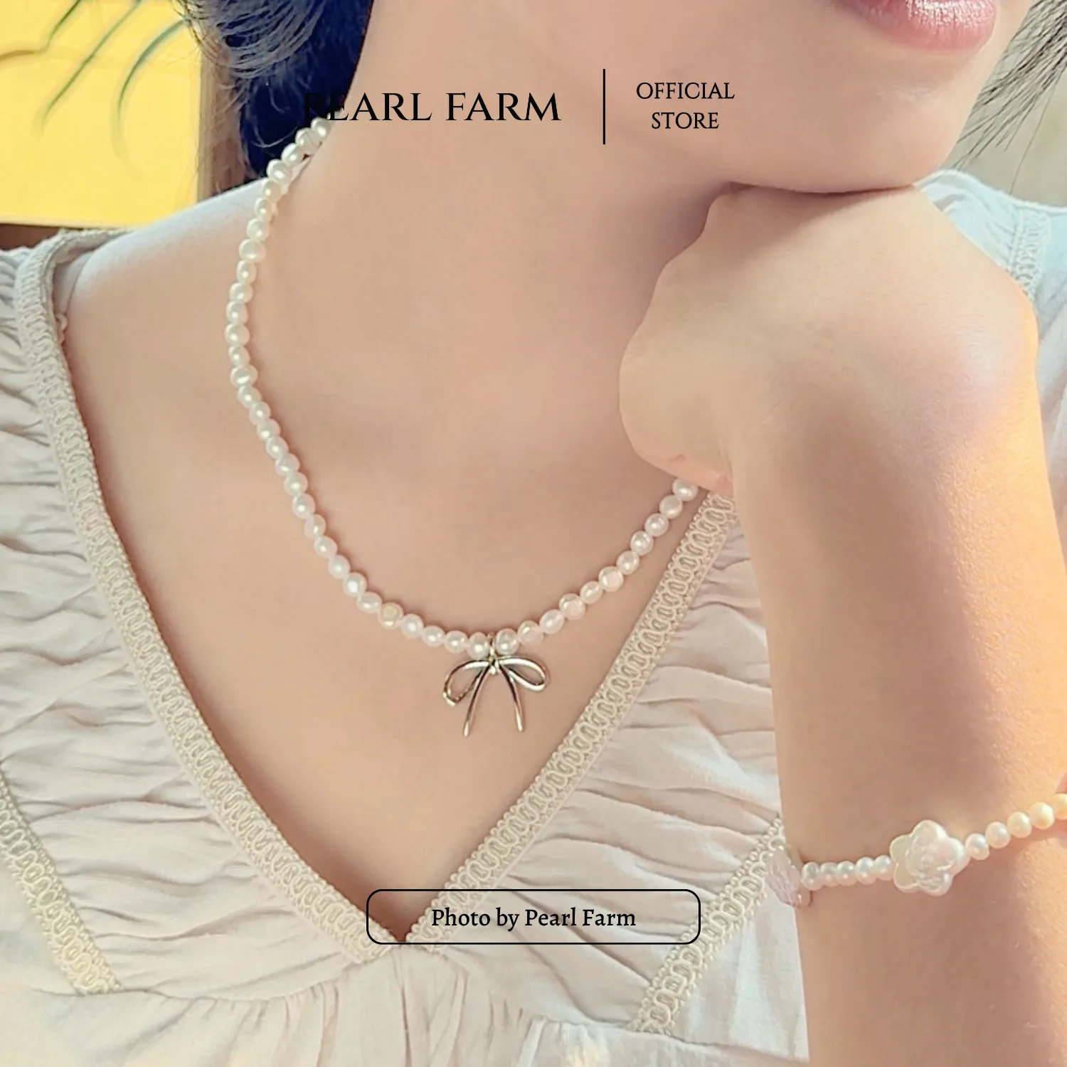 Chuỗi Cổ Ngọc Trai Xu Dị 5-6mm Mix Charm Nơ Titan - Ảnh 5