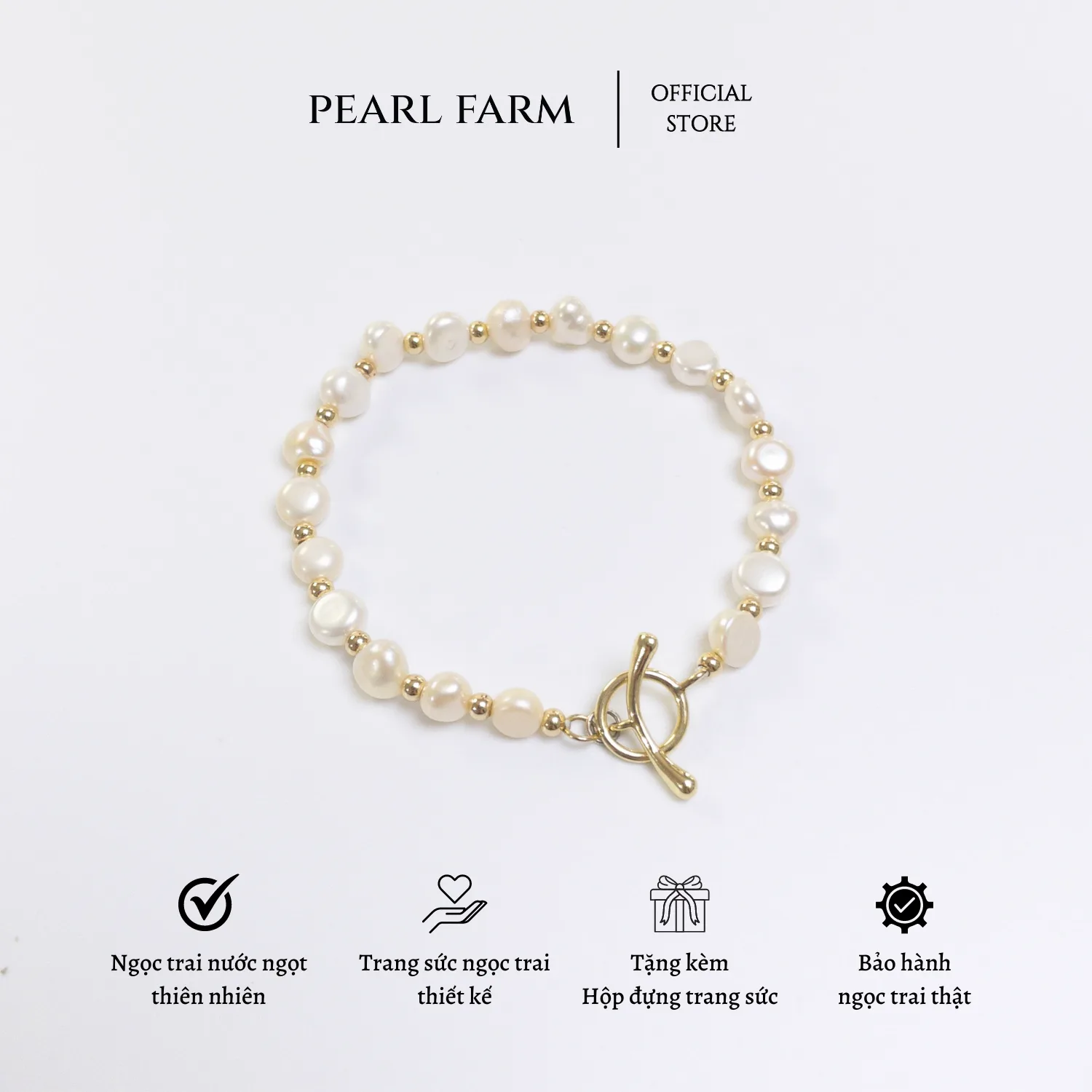 Lắc Tay Ngọc Trai Chốt OT Cong Mix Bi Vàng
