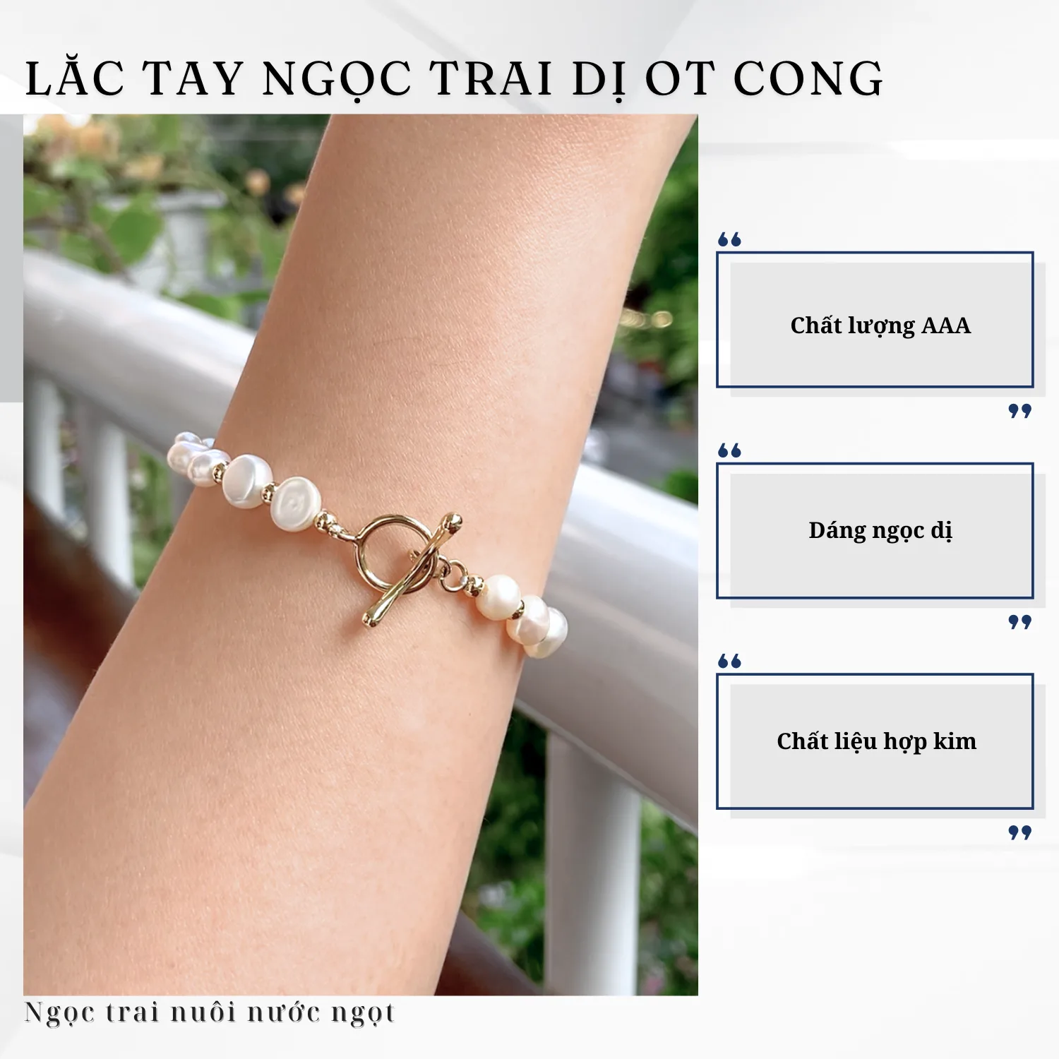Lắc Tay Ngọc Trai Chốt OT Cong Mix Bi Vàng - Ảnh 3