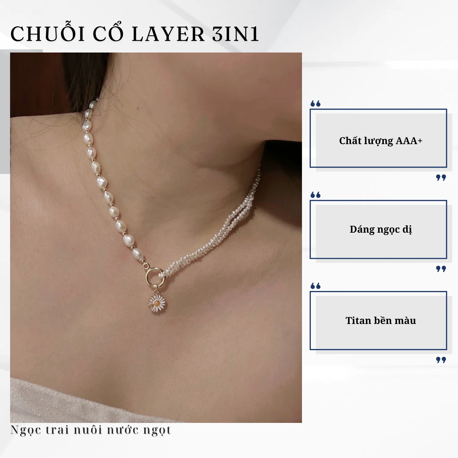 Chuỗi Cổ Ngọc Trai Dị 3in1 Đeo Được 3 Kiểu Mặt Hoa Cúc - Ảnh 4