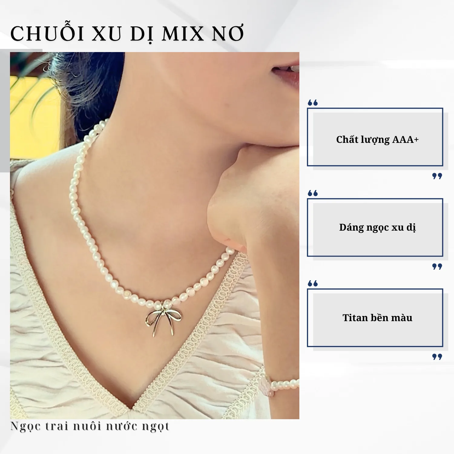 Chuỗi Cổ Ngọc Trai Xu Dị 5-6mm Mix Charm Nơ Titan - Ảnh 4