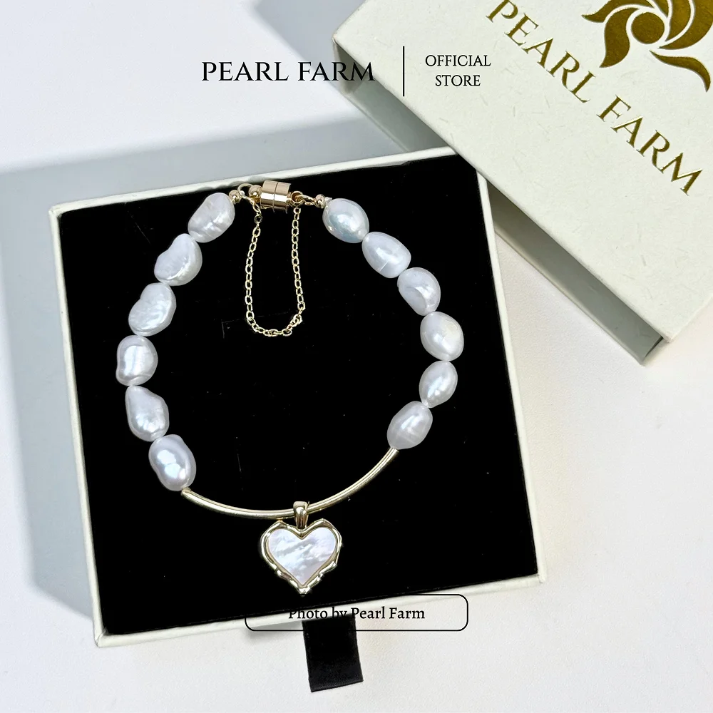 Lắc Tay Ngọc Trai Dáng Dị 8-9mm Phối Charm TRÁI TIM Khóa Nam Châm Titan Bền Màu - Ảnh 9