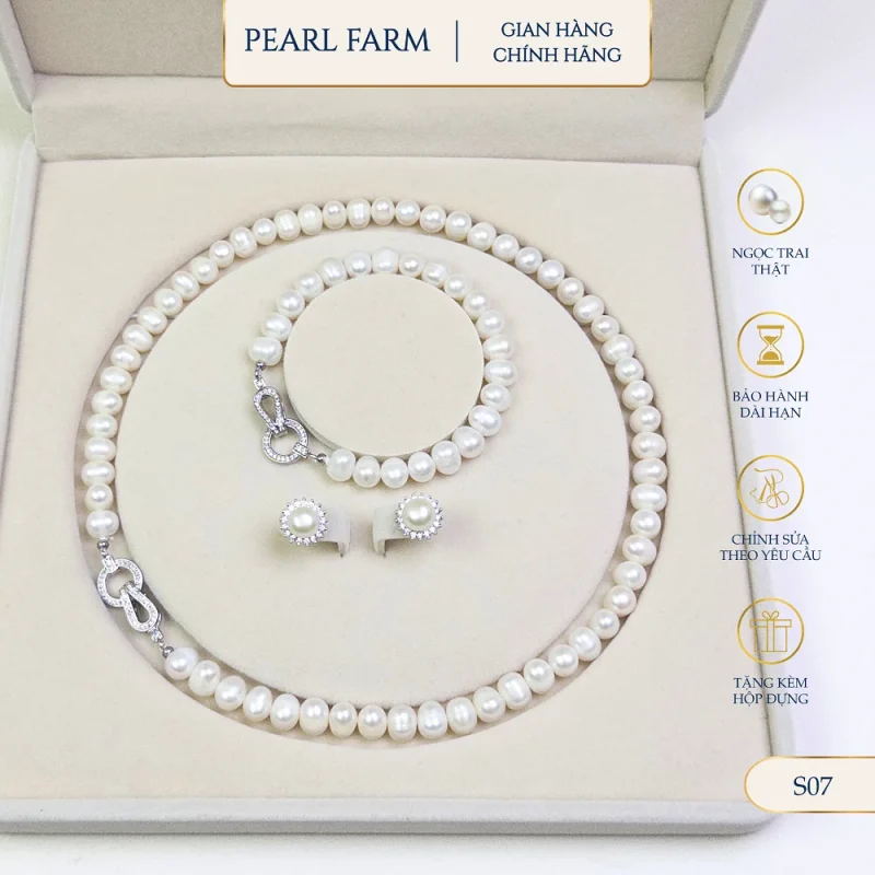 Bộ Trang Sức Ngọc Trai 3 Món Đính Đá Ngọc Oval 7-8mm Kèm Hộp Đựng Sang Trọng Pearl Farm S07
