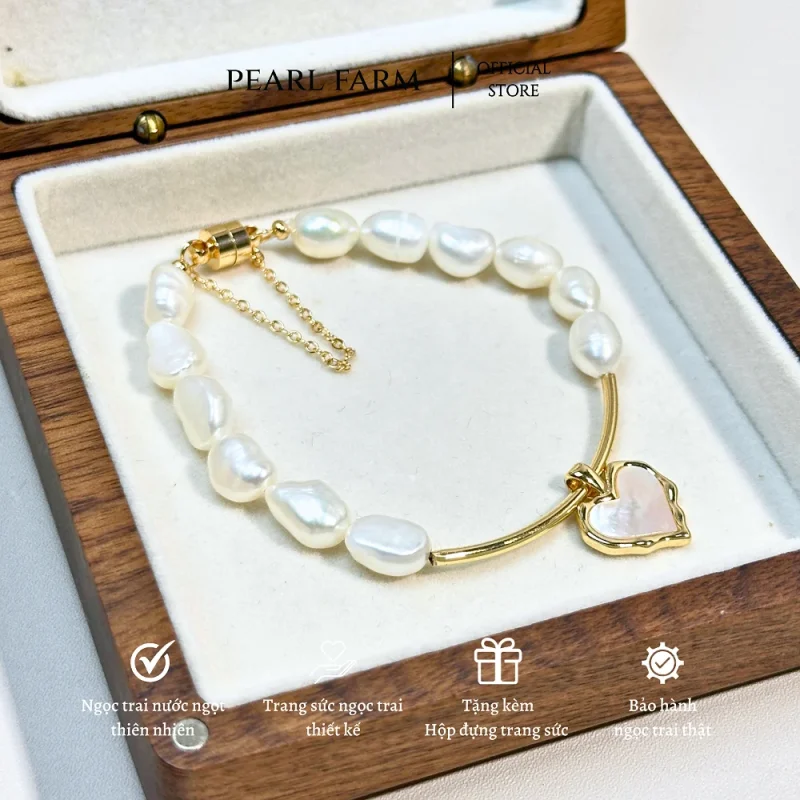 Lắc Tay Ngọc Trai Dáng Dị 8-9mm Phối Charm TRÁI TIM Khóa Nam Châm Titan Bền Màu