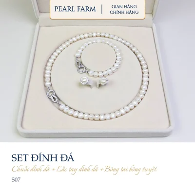 Bộ Trang Sức Ngọc Trai 3 Món Đính Đá Ngọc Oval 7-8mm Kèm Hộp Đựng Sang Trọng Pearl Farm S07