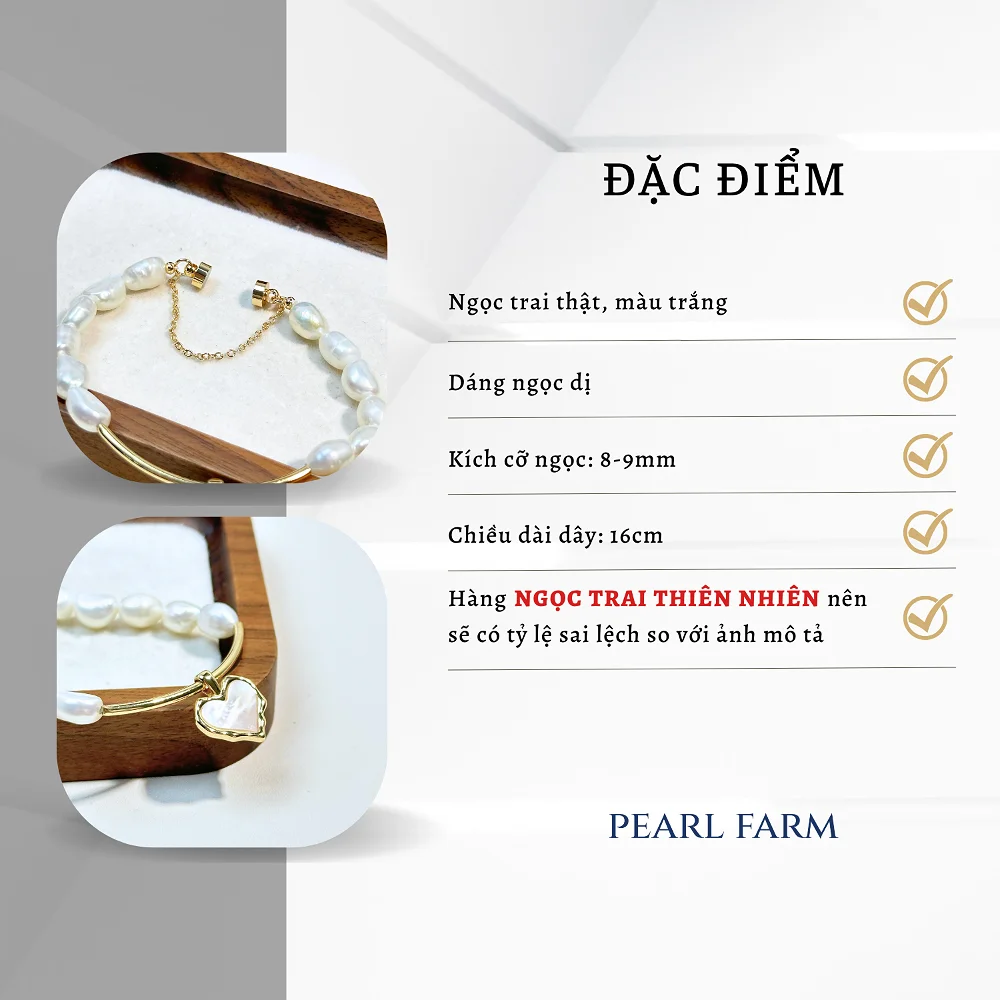 Lắc Tay Ngọc Trai Dáng Dị 8-9mm Phối Charm TRÁI TIM Khóa Nam Châm Titan Bền Màu - Ảnh 2