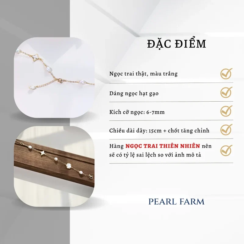 Lắc Tay Ngọc Trai Phối Charm 4 Lá Xà Cừ Titan Mạ Vàng Bền Màu