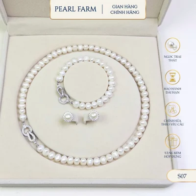 Bộ Trang Sức Ngọc Trai 3 Món Đính Đá Ngọc Oval 7-8mm Kèm Hộp Đựng Sang Trọng Pearl Farm S07