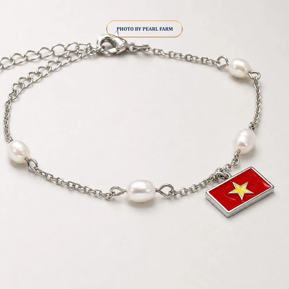 Lắc Tay Ngọc Trai Mix Charm Cờ Việt Nam Ngọc Hạt Gạo 5-6mm - Ảnh 6